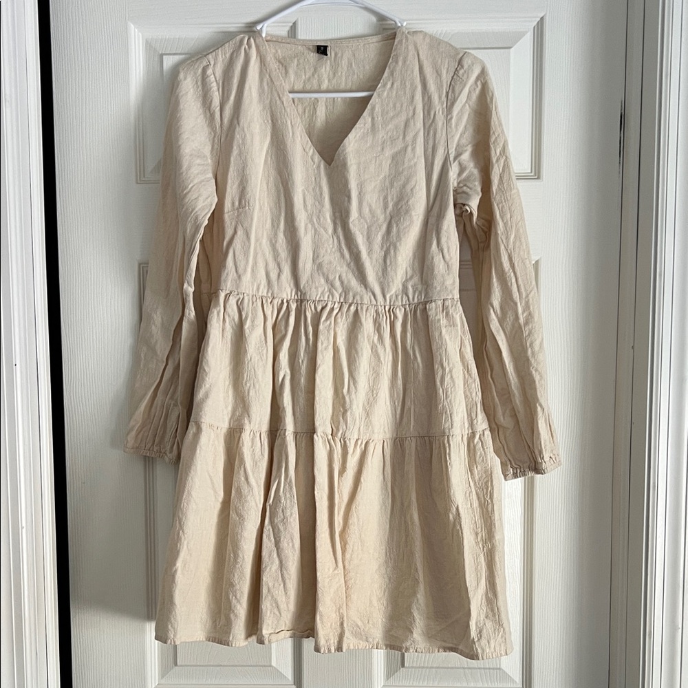Amazon Beige V-Neck Mini Dress